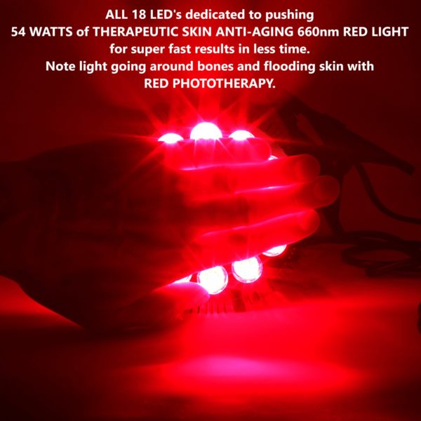 ALL 18 LED's dedicating to pushing 54 WATTS of THERAPEUTIC SKIN ANTI-AGING 660nm RED LIGHT for super fast results in less time. Note light going around bones and flooding skin with RED PHOTOTHERAPY.